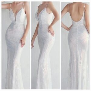 Opalescent Sleeveless,  Backless,  V Neck,  Sequined,  Mermaid Maxi Gown